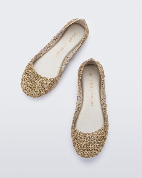 Mini Melissa Campana Papel Flat-Kids White-Gold Glitter